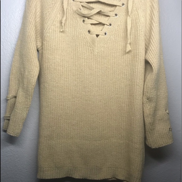Tan Lace Up Oversized Knit Sweater - Picture 3 of 6